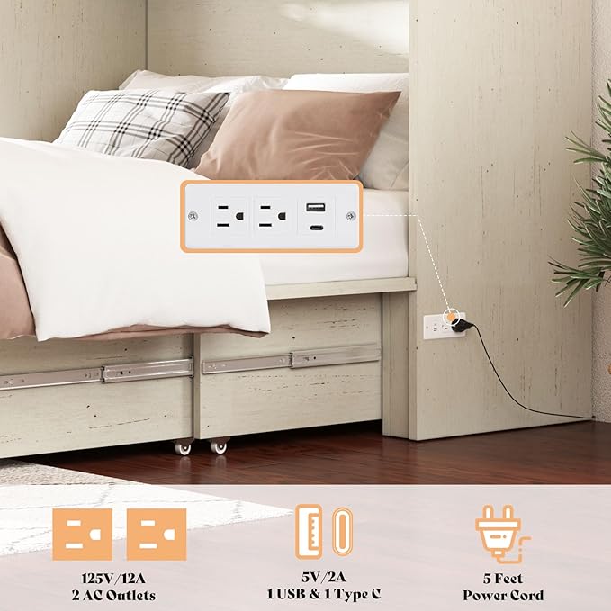 AMERLIFE Queen Murphy Bed Cabinet with 6" Tri-Fold Memory Foam Mattress, Storage Drawer & Charging Station, Space-Saving Guest Bed for Home Office, Distressed White