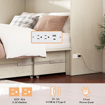 AMERLIFE Queen Murphy Bed Cabinet with 6" Tri-Fold Memory Foam Mattress, Storage Drawer & Charging Station, Space-Saving Guest Bed for Home Office, Distressed White
