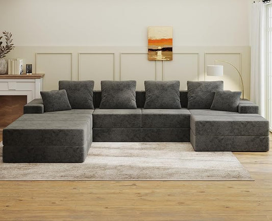 Living&Giving 128" U-Shaped Cloud Sectional Couch for Living Room, Cloud Boneless Couch-No Assembly with Reversible Chaise, Customizable 4-Seat Modular Sectional Sofa with 3 Ottoman,Dark Grey