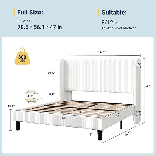 Allewie Full Size Bed Frame with Upholstered Wingback Headboard, Vertical Channel Tufted Corduroy Velvet Platform Bed, Strong Wooden Slats Support, No Box Spring Needed, Easy Assembly, Sturdy, White