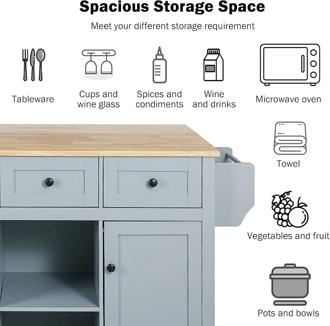 Large Kitchen Island with Rubber Wood Drop Leaf, Rolling Kitchen Cart with Ample Storage on Wheels with Doors and Drawers for Dining Room (Modern Grey Blue, Black Handle, 53Inch)