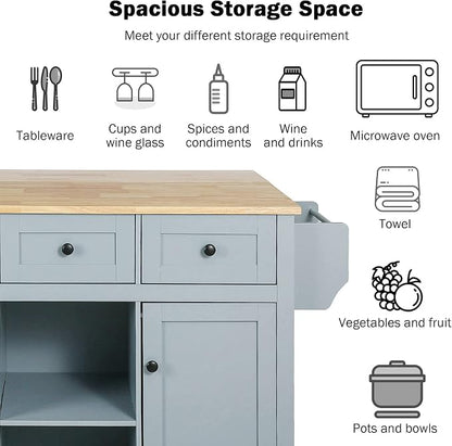 Large Kitchen Island with Rubber Wood Drop Leaf, Rolling Kitchen Cart with Ample Storage on Wheels with Doors and Drawers for Dining Room (Modern Grey Blue, Black Handle, 53Inch)