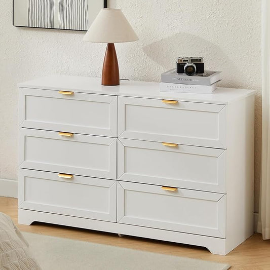 6 Drawer Dresser for Bedroom, Modern Long Chest with Large Drawer, Wooden Chest of Dresser Storage Cabinet Organizer Unit for Living Room, Cloakroom, Entryway, Hallyway (White)