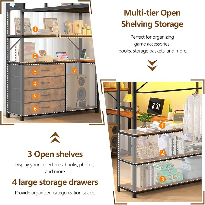 Loft Bed Twin Size with Storage Upholstered Headboard, Metal Twin Loft Bed Frame with U-Shaped Desk & LED Lights, Bunk Loft Beds with Power Outlet, Loft Beds with 4 Storage Drawers, Guard & Ladder