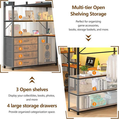 Loft Bed Twin Size with Storage Upholstered Headboard, Metal Twin Loft Bed Frame with U-Shaped Desk & LED Lights, Bunk Loft Beds with Power Outlet, Loft Beds with 4 Storage Drawers, Guard & Ladder