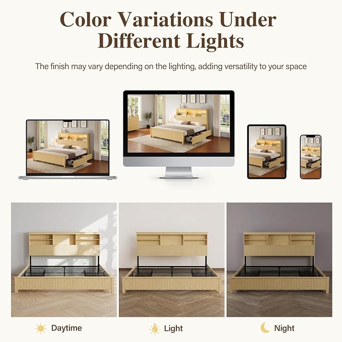 King Size Bed Frame and Tall Headboard & Storage, Metal Platform Bed Frame with 4 Storage Drawers, King Bed Frame with LED Lights & Charging Ports, No Box Spring Needed, Noise-Free, Natural
