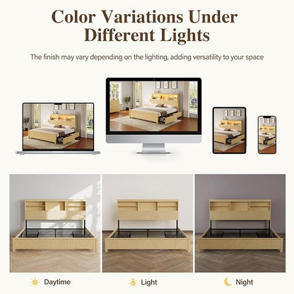 King Size Bed Frame and Tall Headboard & Storage, Metal Platform Bed Frame with 4 Storage Drawers, King Bed Frame with LED Lights & Charging Ports, No Box Spring Needed, Noise-Free, Natural