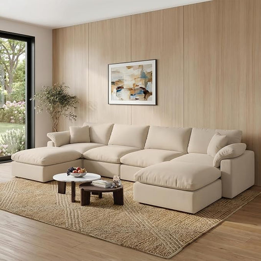 Modern Modular Sectional Sofa U-Shaped 6-Seat with Ottoman,Khaki-Extra Comfty Deep Seat Couch for Living Room,Apartment,Office & Small Spaces