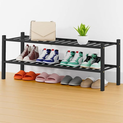 Smiry Long Bamboo Shoe Rack, 2 Tier Free Standing Wooden Shoe Organizer, Stackable Wood Shoe Storage Shelf for Closet, Entryway, 14 Vertical Slats, One-piece Heavy-Duty Legs, 33.7"x11"x13", Black