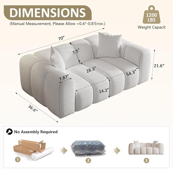 WHGBJA 70" Cloud Couch with Armset, Loveseat White Couch, Reclining | Chenille Fabric Sleeper Sofa, Recliner Couch Bed for Bedroom/Living Room, 2-3 Seater