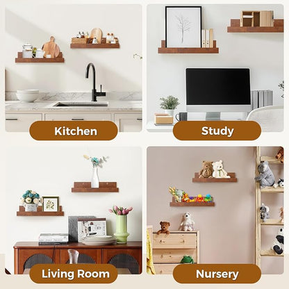 Muzilife 55" Large Floating Wall Ledge Shelves with Lip - Set of 2 Rustic Wood Floating Shelves - Walnut Brown Wall Mounted Picture Ledge for Office, Bathroom, Bedroom, Living Room, Kitchen