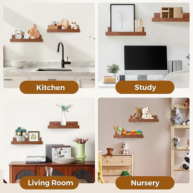 Muzilife 16" Floating Wall Ledge Shelves with Lip - Set of 2 Wood Floating Shelves - Honey Wall Mounted Picture Ledge for Office, Bathroom, Bedroom, Living Room, Kitchen