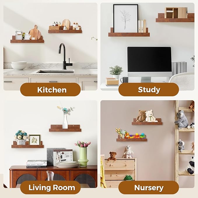 Muzilife 45.3" Large Floating Wall Ledge Shelves with Lip - Set of 2 Rustic Wood Floating Shelves - Honey Wall Mounted Picture Ledge for Office, Bathroom, Bedroom, Living Room, Kitchen