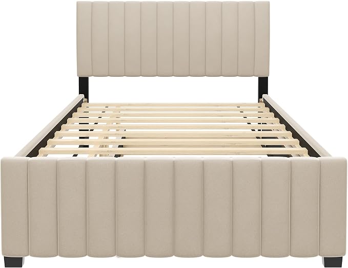 Bellemave Full Bed Frame with Trundle Bed,Velvet Upholstered Platform Bed Frame,Full Size Trundle Bed with Headboard for Kids Teens Adults,Beige