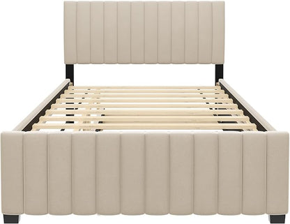 Bellemave Full Bed Frame with Trundle Bed,Velvet Upholstered Platform Bed Frame,Full Size Trundle Bed with Headboard for Kids Teens Adults,Beige