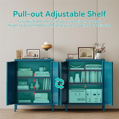 Metal Floor Storage Cabinet, Small Freestanding Sideboard Storage with 2 Adjustable Shelves for Bathroom Entryway Living Room Dining Room Coffee bar Kitchen,11.8"D x 23.6"W x 31.5"H,3-Tier,Teal Blue