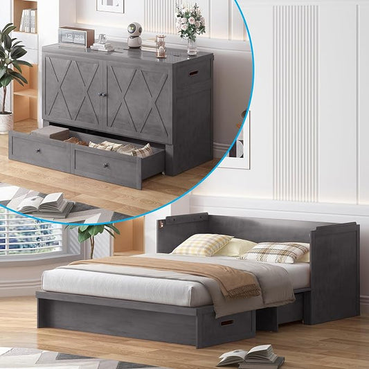 Mjkone Murphy Bed with Tri-Folding Mattress, Queen Hidden Cabinet Bed with Built-in USB Charging Station and 2 Storage Drawers, Foldable Wall Cabinet Beds for Living Room/Guest Room/Apartment, Gray