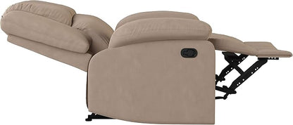 Warren 35.5" Manual Pull-Handle Recliner, Traditional Overstuffed, Pocket Coil Comfort, Black Metal Base Legs, Soft Microfiber Fabric, Beige
