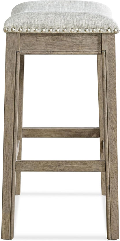 ROME + OAK Set of 4 Parker 26" Counter Stool, Backless Saddle Kitchen Barstool in Reclaimed Oak Finish with Ash Grey Fabric Upholstery Cushion Seat