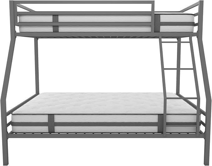 Novogratz Maxwell Metal Bunk Bed Frame for Kids and Teens, with Angled Ladder, High Guardrail and Metal Slats, No Boxspring Required, Underbed Storage Space, Twin-Over-Full, Gray