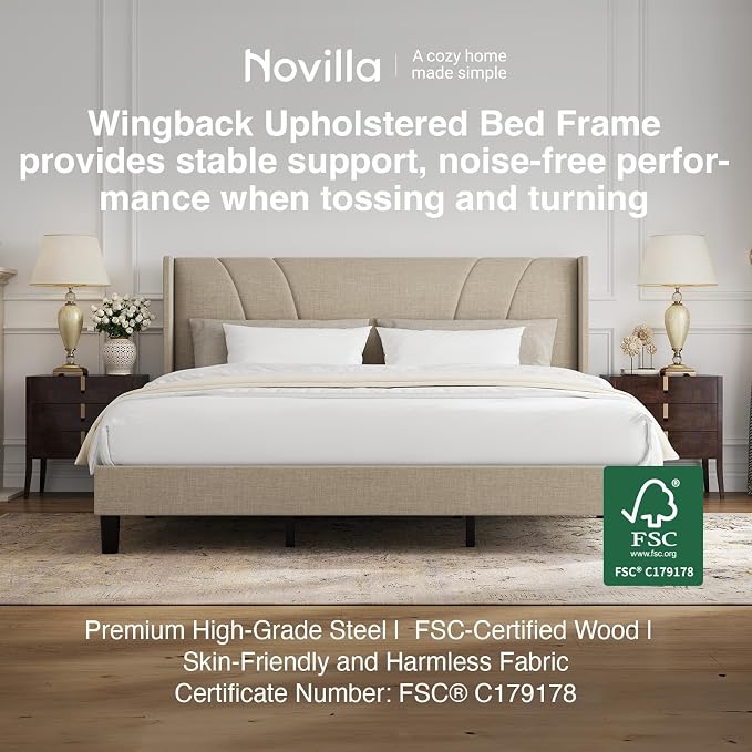 Novilla King Bed Frame, King Bed Frame with Headboard, Linen Upholstered Wing Side Headboard, No Box Spring Needed, Heavy Duty Feet, Easy Assembly, Beige
