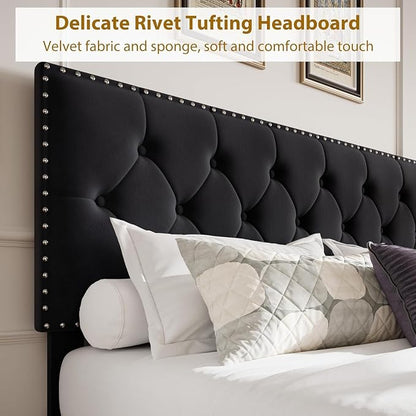 GarveeHome Queen Size Bed Frame with Storage Drawers — Velvet Upholstered Platform Bed with Vintage Headboard, Wooden Slat Support, Noise-Free, No Box Spring Needed, Black