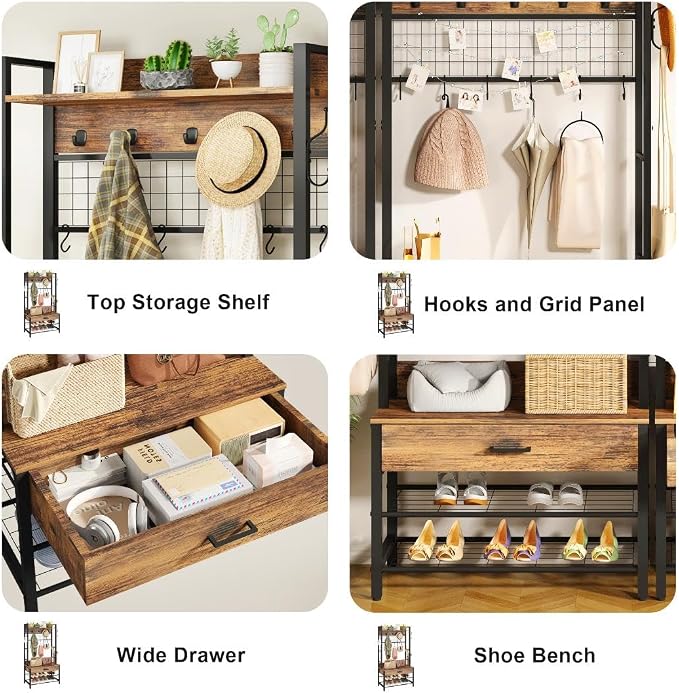 Recaceik Hall Tree with Bench and Shoe Storage, Entryway Coat Rack with Shoe Bench, Industrial Hall Tree with Drawers and 12 Hooks for Bedroom, Living Room