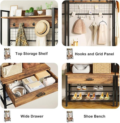 Recaceik Hall Tree with Bench and Shoe Storage, Entryway Coat Rack with Shoe Bench, Industrial Hall Tree with Drawers and 12 Hooks for Bedroom, Living Room