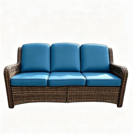 Outdoor Patio Sofa, Outdoor Wicker 3 Seater Sofa with High Back, Deep Seating, Wide Armrest, Thickened Cushions for Deck, Porch Use, Peacock Blue