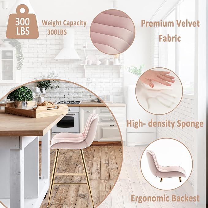 Sidanli Pink Bar Stools Set of 2, Velvet Counter Stools with Footrests, 24” Armless Counter Height Chairs for Bar, Kitchen, Living Room
