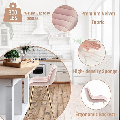 Sidanli Pink Bar Stools Set of 2, Velvet Counter Stools with Footrests, 24” Armless Counter Height Chairs for Bar, Kitchen, Living Room