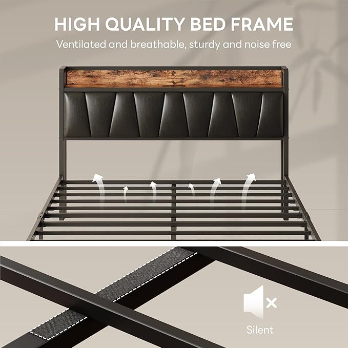 LIKIMIO Twin Bed Frame, Storage Headboard with Charging Station, Solid and Stable, Noise Free, No Box Spring Needed, Easy Assembly (Vintage and Black)