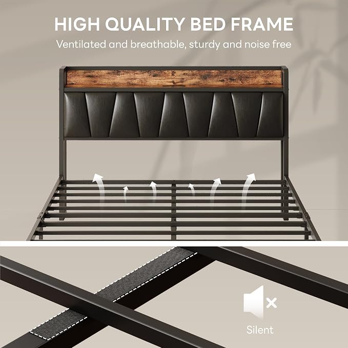 LIKIMIO Queen Bed Frame, Storage Headboard with Charging Station, Solid and Stable, Noise Free, No Box Spring Needed, Easy Assembly (Vintage and Black)