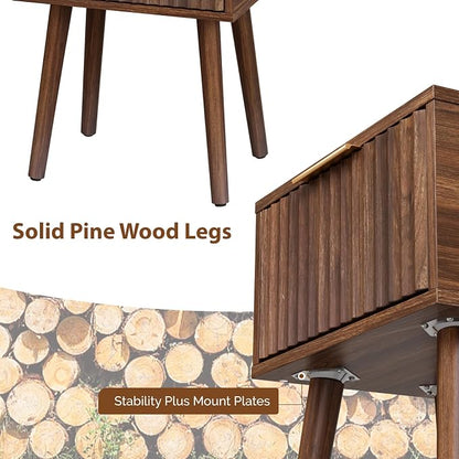 VINGLI Night Stand, Fluted Nightstand Wood, Mid Century Modern Nightstand for Bedroom, Bedside Table, Wood Side Table, Small Night Stand Walnut, 15.75" W*11.81" D*21.85" H