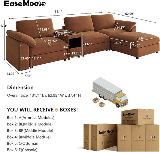 EASE MOOSE Oversized L Shape Sectional Modular Sofa,Brown Deep Seat Sofa