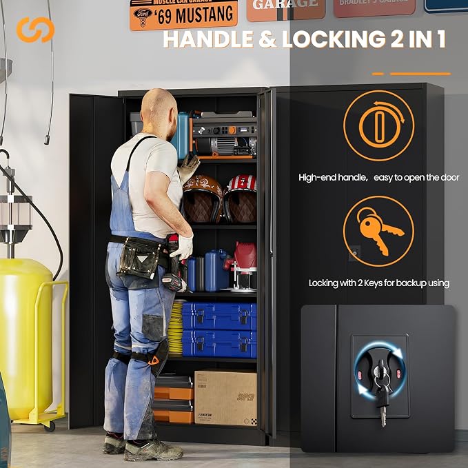 Metal Storage Cabinet with Lock,71" Black Garage Cabinet with 2 Doors and 4 Adjustable Shelves, Steel Locking Cabinets Tall Tool Storage Cabinet, Lockable File Cabinet for Home Office, Pantry