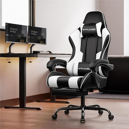 GTPLAYER Gaming Chair, Computer Chair with Footrest and Lumbar Support, Height Adjustable Game Chair with 360°-Swivel Seat and Headrest and for Office or Gaming (White)