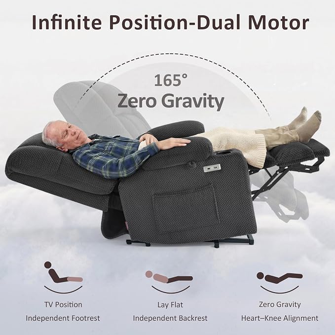 MCombo Large Dual Motor Power Lift Recliner Chair for Elderly, Zero Gravity Lift Chair with Heat and Massage, Infinite Position Lay Flat Recliner, USB Ports, Fabric 7896 (Large, Dark Gray)