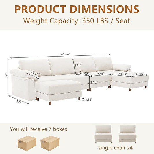 Oversized L Shaped Sectional Couch for Living Room, Extra Large Deep Seat Modular Sectional Sofa with Washable Covers, Modern Cloud Couch for Apartment, Bedroom (Beige, U Shape 6 Seat)