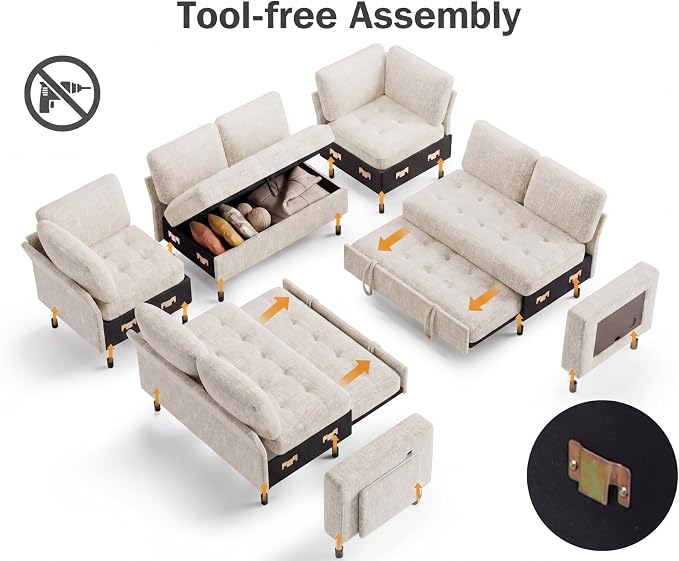 Vipbear 8 Seat U Shaped Modular Sectional Sleeper Sofa with Pull Out Bed/Reclining Backrest/USB Ports/Table/LED Light/Storage Seat, Sectional Sleeper Couch, Tool-Free Assembly, Chenille Beige