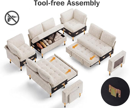 Vipbear 8 Seat U Shaped Modular Sectional Sleeper Sofa with Pull Out Bed/Reclining Backrest/USB Ports/Table/LED Light/Storage Seat, Sectional Sleeper Couch, Tool-Free Assembly, Chenille Beige