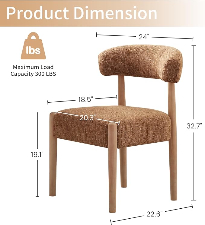VKNOW Wooden Dining Chairs Set of 2 with Curved Open Back, Orange | Natural Rubberwood Legs, Soft Chenille Fabric, Thickened Cushion, For Adults and Family, Dining Room, Kitchen, No Wobble