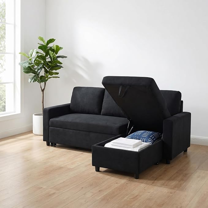 Pull Out Couch, L Shaped Sectional Couch with Pull Out Bed, Convertible Sofa Bed with Storage Chaise, Queen Size Sleeper Sofa, Sofa Bed Couch, Sleeper Sofa with Storage, Black