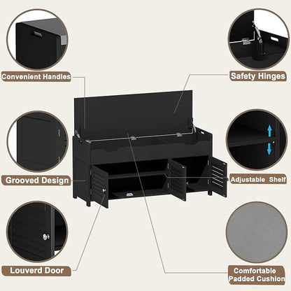 ChooChoo 41.3" Shoe Storage Bench with Lift Top Storage, Entryway Bench with Cushioned Seat, Adjustable Shelf, Shoe Cabinet with Hidden Space, for Entryway, Bedroom, Living Room, Black