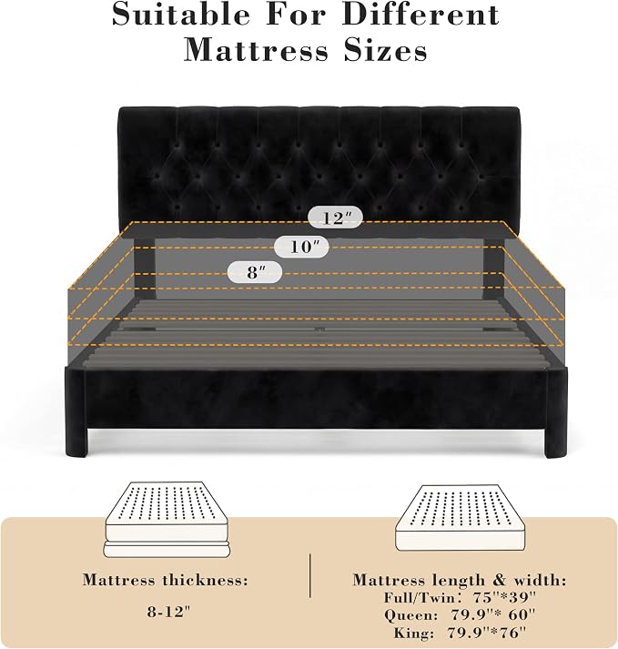 Queen Size Bed Frame with Headboard, Luxury Velvet Fabric Upholstered Bed frame with Button Tufted Design, Strong Wooden Slats Support - Low & Sturdy, Noise-Free, No Box Spring, Easy Assembly, Black | Plush velvet