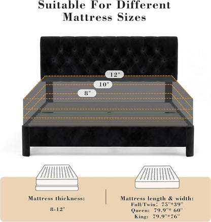 Queen Size Bed Frame with Headboard, Luxury Velvet Fabric Upholstered Bed frame with Button Tufted Design, Strong Wooden Slats Support - Low & Sturdy, Noise-Free, No Box Spring, Easy Assembly, Black | Plush velvet