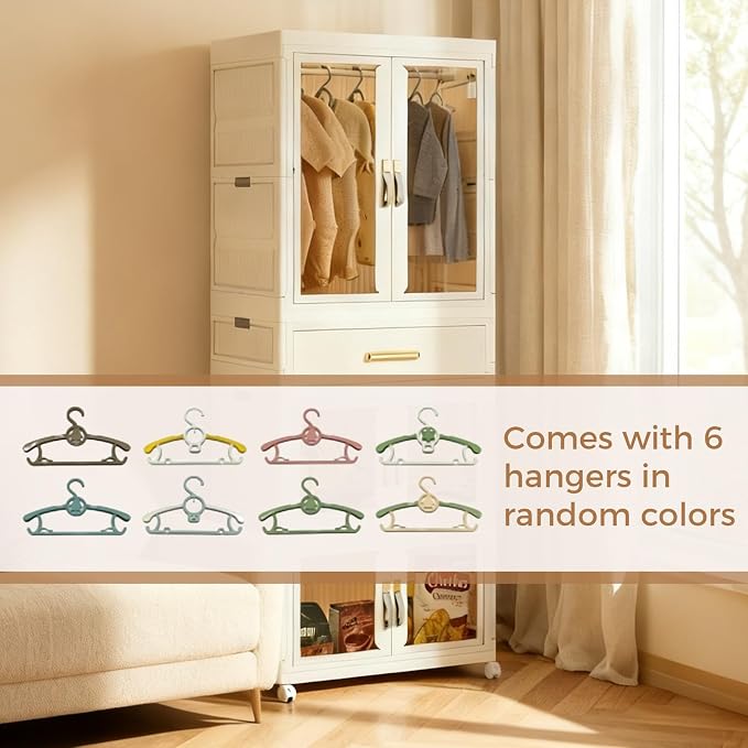 YHB Portable Storage Closet Cabinet, Easy Assembly Wardrobe Organizer with Visualization Doors, Drawers, Hanging Rods, Rolling Wheels for Pet Dog Clothes, Toys