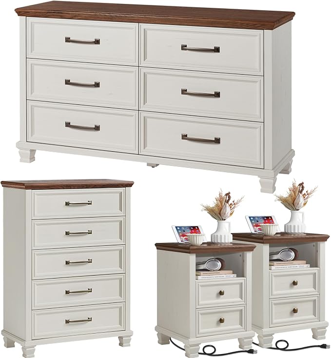 SAVOR LIFE Farmhouse Bedroom Dresser and Nightstand Sets 4 Piece, 5/6 Drawer Dresser & 2 Drawer Nightstand Set for Home, Bedroom, Hallway, White