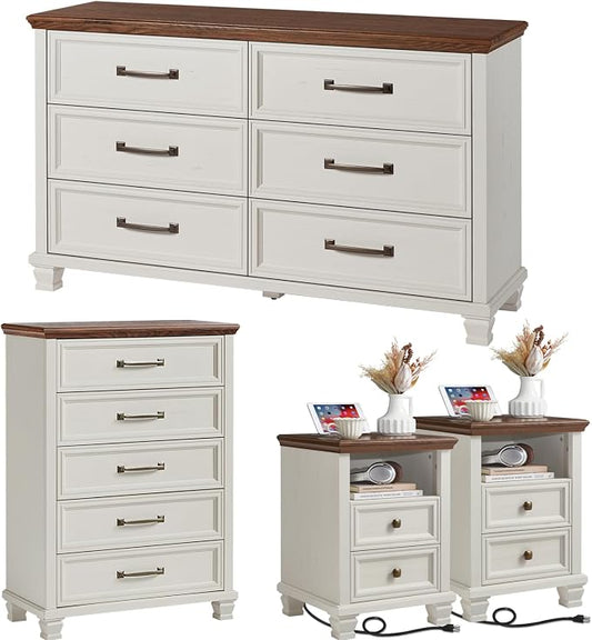 SAVOR LIFE Farmhouse Bedroom Dresser and Nightstand Sets 4 Piece, 5/6 Drawer Dresser & 2 Drawer Nightstand Set for Home, Bedroom, Hallway, White