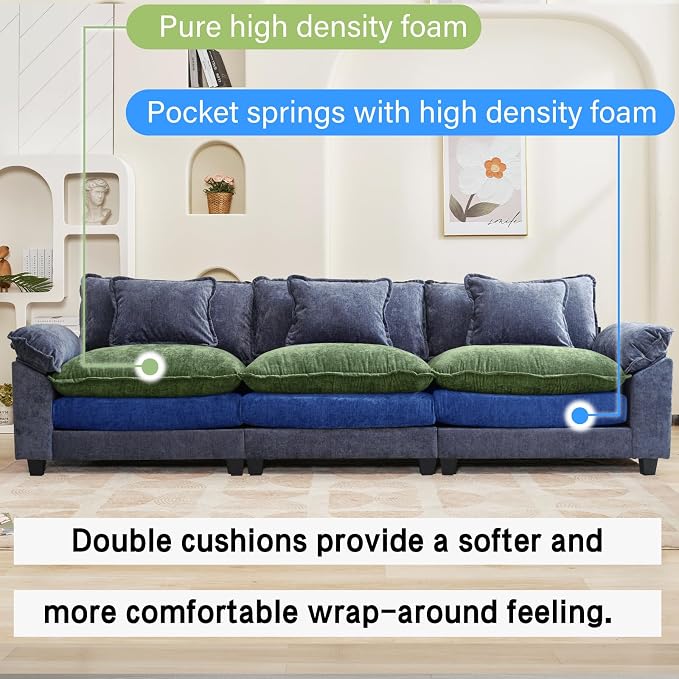 Oprisen 120" Modular Sectional Sofa, Comfy Cloud Couch Sectional, Chenille Sofa Sleeper Deep Seat Sofa with Throw Pillows for Living Room (Blue, 120"- 3 Seater)